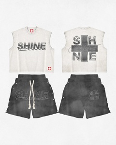 SHINE Men's Cotton Tank <b>Top</b> Set Crew Neck Sleeveless Street Style Summer Breathable Knitted Shorts With Logo Print - Product Image 1