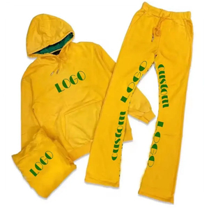 Custom Women's Yellow Hooded Sweatshirt Pants <b>Set</b> Full Length Casual Tracksuit Solid Winter 100% Cotton Breathable Sportswear - Product Image 3