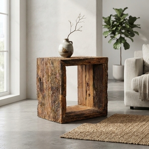 <b>Rustic</b> Reclaimed Wood Open Cube Side <b>Table</b> Weathered <b>Wooden</b> Block End <b>Table</b> Natural Timber Bedside Nightstand Accent Furniture - Product Image 2