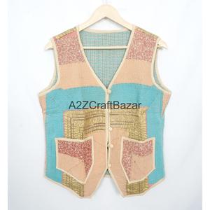 100% Cotton Breathable Printed <b>Kantha</b> Waistcoat for Women Handmade Unique Spring Summer Autumn Winter Sleeveless Vest Patchwork - Product Image 5