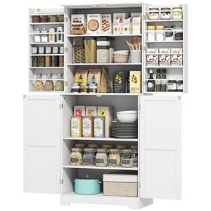 Armario de Cocina Estilo Granja Blanco de 72 Pulgadas de Alto con 4 Puertas Corredizas, 4 Estantes Ajustables y 8 Estantes en las Puertas - Product Image 1
