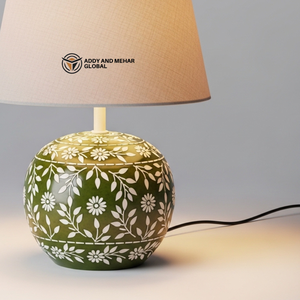 Handmade Round Green Floral Bone Inlay <b>Table</b> <b>Lantern</b> with Fabric Shade – Decorative Bedside Nightstand <b>Lamp</b> for Living Room - Product Image 2