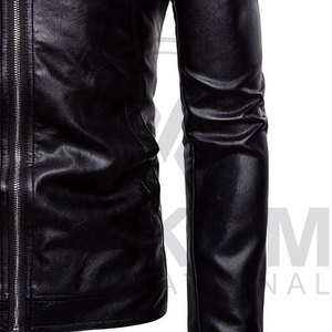 Men's Black Leather Moto <b>Jacket</b> Slim Fit Stand Collar Zipper Closure Regular Length Solid Color Biker Style - Product Image 3