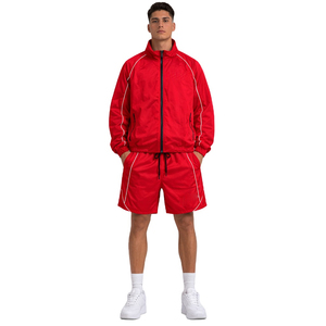 Wholesale Red Polyester/Cotton Track Set <b>Men</b> Zip <b>Jacket</b> Shorts <b>White</b> Piping Streetwear Y2K OEM Supplier USA Bulk Autumn Sports - Product Image 1
