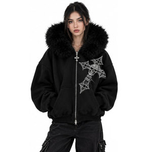 Women's <b>Gothic</b> Black Hooded Sweatshirt With Faux Fur Trim Skull Cross Print Zip-Up <b>Jacket</b> Winter Knitted Hoodie Regular Fit - Product Image 2