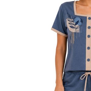 Blue And Beige Women Two Piece Shorts Set Square Neck Button <b>Top</b> Graphic Print Contrast Trim Casual Summer Cotton Lounge Wear - Product Image 3