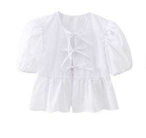Blouses décontractées vintage pour femmes, col rond, manches longues, hauts à nouer avec nœud et volants, motif uni, tricotés, longueur midi, pour le printemps et l'été - Product Image 6