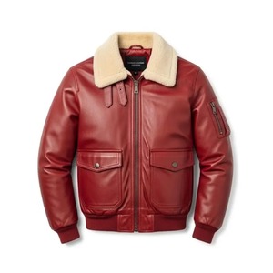Blouson aviateur en cuir rouge pour homme avec col en peau de mouton, style pilote, manteau d'hiver chaud avec col en fourrure, cadeau pour lui - Product Image 1