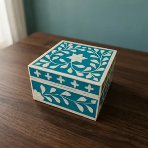 Square Blue White Floral Jewelry Box Oriental Carved Cardboard Storage Case Decorative Home Decor Bedroom Use - Product Image 2