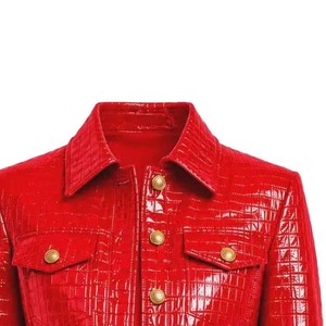 Veste en cuir rouge de style trucker avec motif croco embossé, manches longues, col rabattu, longueur courte, style hiver - Product Image 6
