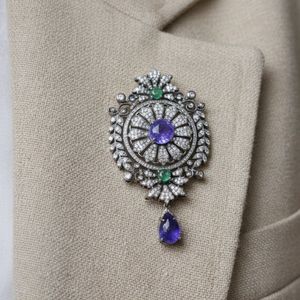 Gold-Plated Tanzanite Emerald and Diamond Unisex Brooches aka Necklaces - Product Image 2