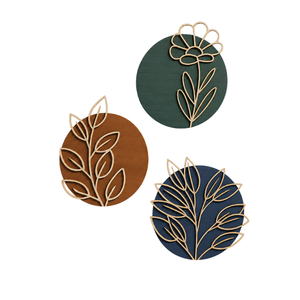 Ensemble de 3 décorations murales circulaires minimalistes bohèmes en fer forgé, motifs floraux botaniques, faits à la main en MDF, à suspendre, pour anniversaire - Product Image 1