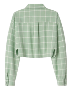 Chemisier court décontracté vert menthe à carreaux pour femme, col rabattu, manches longues, boutonné, fabrication OEM personnalisée - Product Image 5