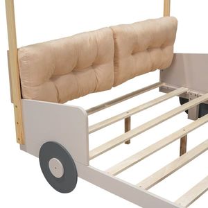 Letto a Forma di Auto in Legno per Bambini con LED, Cuscino Naturale e Telo per Soffitto, Misura Twin per Ville, Include Funzione di Stoccaggio - Product Image 6