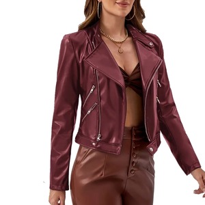 Veste moto en cuir PU bordeaux pour femme, manches longues, fermeture éclair, col rabattu, longueur courte, couleur unie, style automne - Product Image 5