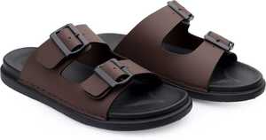 Sandalias de cuero marrón con hebilla para hombre, calzado informal clásico sin cordones con punta abierta, diseño de suela plana para viajes de verano, actividades al aire libre y uso diario. - Product Image 4