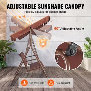 "3-Seat Outdoor Patio <b>Swing</b> Chair with Adjustable Canopy & Armrests Teslin Fabric Steel <b>Frame</b>" - Product Image 3