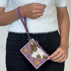 New Design Tooled Cowhide Purple Floral Leather Mini <b>Wallet</b> <b>Card</b> Holder Vintage Style Cute <b>Card</b> & Coin Holder <b>Women</b> Clutches - Product Image 2