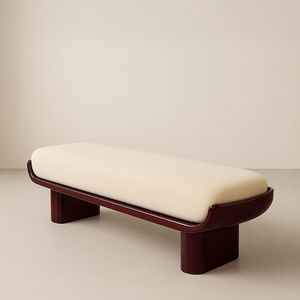 Nordic Style Curved Wood <b>Long</b> Bench Aesthetic Cream Fabric <b>Cushioned</b> Ottoman For Luxury Villa Project - Product Image 3