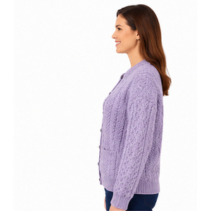 Cárdigan de punto morado para mujer, manga larga, color liso, cuello redondo, cierre de botones, lana y viscosa, tejido a mano, invierno - Product Image 1