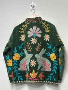 <b>Women</b> Green <b>Velvet</b> Embroidered Suzani <b>Jacket</b> Rabbit Pattern Full Sleeve Stand Collar Bohemian Style Autumn <b>Jacket</b> - Product Image 5