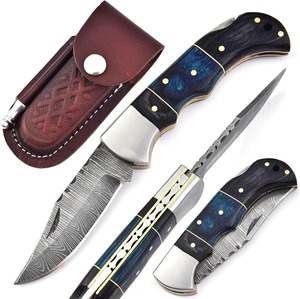 Cuchillo Plegable de Bolsillo Damasco Negro y Azul Hecho a Mano para Hombre - Cuchillo de Acero Damasco de 7 Pulgadas con Mango de Madera y Funda de Cuero DIY OEM - Product Image 2