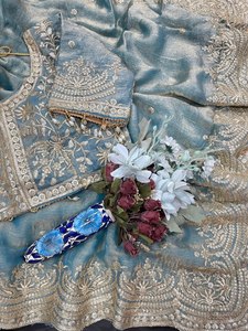 Sari en mousseline bicolore avec broderie fantaisie, sari à sequins de 3 mm, sari à bordure richement brodée, sari fantaisie Butti - Product Image 5