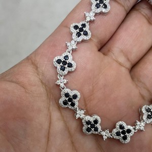 Moissanite Tennis Bracelet Black Agate Clover Sterling Silver Gold Plated <b>Iced</b> Silver Women's Engagement Black Clover Stone - Product Image 3