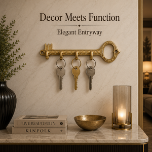 Elegant Brass <b>Key</b> Shaped <b>Key</b> Holder Decorative <b>Wall</b> Rack with 4 <b>Hooks</b> Antique Organizer for Entryway Hallway and Home decor Use - Product Image 2
