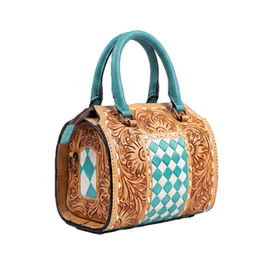 Bolso de Mano Ejecutivo de Lujo en Cuero Genuino con Diseño de Ajedrez Turquesa y Estampado Animal Marrón, Cierre de Cremallera, Gran Venta - Product Image 3