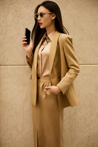 New Style <b>Satin</b> Long Regular Turn-down Collar Full Solid Vietnam Women Silk <b>Blouse</b> and Ruched Silk Skirt Two-Piece Set KS31 - Product Image 4