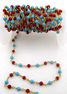 Cadena de Cuentas Redondas Lisas de Cuarzo Coral y Turquesa de 3mm con Alambre Envolvente - Product Image 2