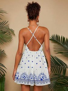 Vestido Mini de Verano para Mujer con Estampado Tropical, Sexy, sin Espalda, con Escote en V Cruzado, Tipo Camiseta, Vestido Casual Bohemio con Volantes para Playa y Fiesta - Product Image 2