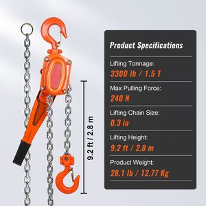 1-1/2 Ton 3300 Lbs Capacity Weston Double-Pawl <b>Bra</b> Manual Lever <b>Chain</b> Hoist with 10 FT Come Along G80 Galvanized Carbon Steel - Product Image 4