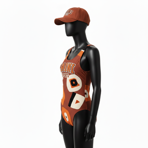 Traje de Baño Deportivo de Una Pieza para Mujer, Tejido Elástico Grueso de Poliéster y Spandex, Paneles Marrón y Naranja, Logotipo Personalizado - Product Image 4
