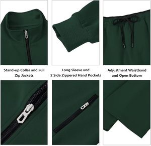 Ensemble de survêtement vert uni pour homme, manches longues, col montant, fermeture éclair sur le devant, respirant, en polyester, tenue décontractée, coupe classique, automne - Product Image 3