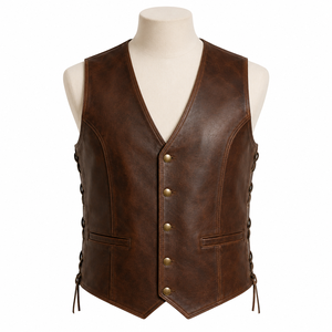 Chaleco de Cuero Occidental Personalizado para Hombre al por Mayor con Panel Bordado y Cierre de Cremallera, Sin Mangas, Estilo Casual de Verano - Product Image 1