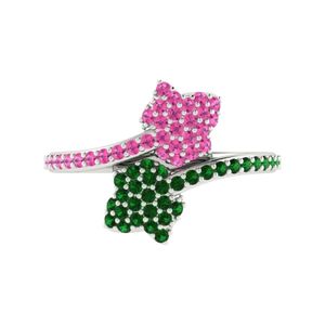 Bague Feuille d'Argent avec Cristaux Roses et Verts, Bijou Tendance pour Femme, Bague Élégante et Tendance, Accessoire Cadeau, Style Quotidien, Qualité Supérieure - Product Image 4