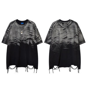 American High Street <b>Tie</b>-dye Hole Cut Design Sense Chain Short Sleeve T-shirt Men Street Trend Hip Hop Loose Half Sleeve - Product Image 2
