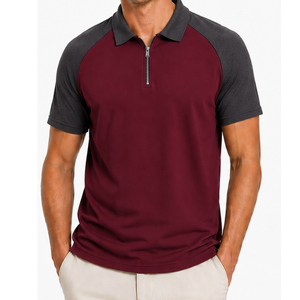Polo de manga larga con cremallera de un cuarto para hombre, color granate y gris oscuro, con bloques de color en contraste, mangas raglán, camisas de golf con logotipo personalizado, más vendido. - Product Image 1