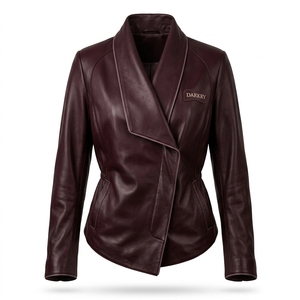 Burgundy Wine <b>Womens</b> Real Leather Wrap Coat Jacket Asymmetrical <b>Shawl</b> Lapel Gathered Waist Factory Hot Supplier - Product Image 1
