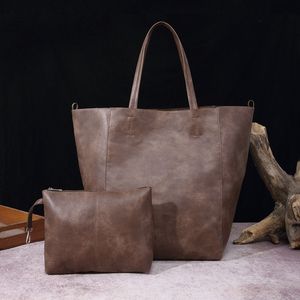 Solid Color Retro Tote <b>Bag</b> Soft Leather <b>Bag</b> with Pouch Large Capacity Shoulder <b>Bag</b> - Product Image 4