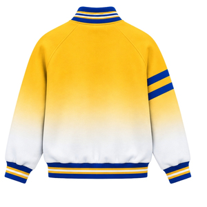 Blouson universitaire jaune doré et blanc à rayures bleues, lettres grecques, boutons-pression, col côtelé, manches longues, style décontracté, universitaire - Product Image 5