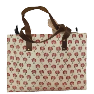 Floral Block Printed <b>Canvas</b> Women bags for Laptop & Everyday Use with Leather Handles Premium Printed Cotton <b>Shopper</b> Tote Jaipur - Product Image 1