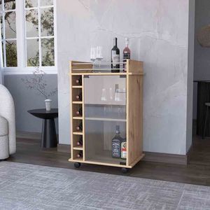 Carrello da Bar a due livelli con finitura in rovere chiaro serie di balimore con porta in vetro sei vani per servizi per bevande - Product Image 1