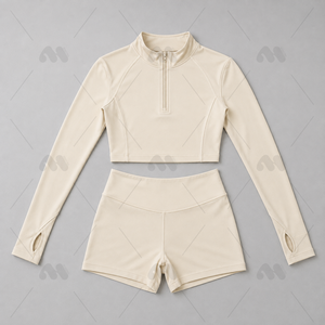 Conjunto de Yoga para Mujer de 2 Piezas, Top Corto sin Costuras, Pantalones Cortos de Cintura Alta, Manga Larga, Cierre de Cremallera de un Cuarto, Color Sólido, Spandex, Poliéster - Product Image 5