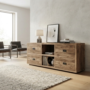 Rustic Solid Wood Sideboard Cabinet 4 Drawer Open Shelf Credenza Natural Teak Style Wooden TV Stand <b>Console</b> LivingRoom Furniture - Product Image 3