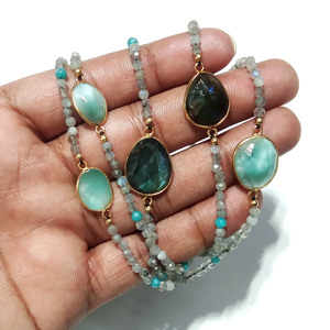 Natural Labradorite Larimar Sterling Silver Beaded <b>Statement</b> <b>Necklace</b> Gold Plated Bezel Multi Gemstone Layered Chain Long - Product Image 1