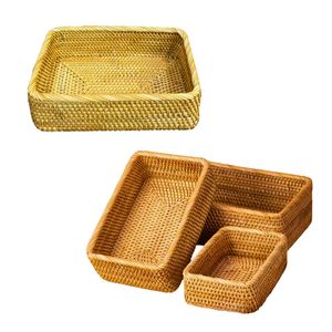Durable Rectangular <b>Wicker</b> RATTAN <b>BASKET</b> / TRAY Set of 3 Kitchen Counter and Tabletop <b>Storage</b> Trays - Product Image 1