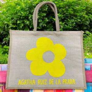 Bolsa de compras de yute con estampado de flores ecológica con asa de cinta Bolsa de juto - Product Image 3